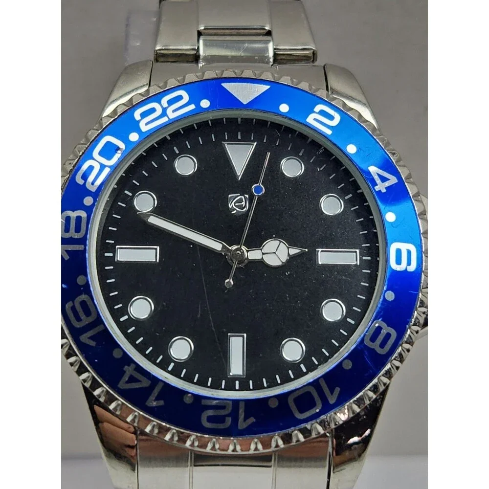 Auriol Mens Quartz Diver Style 46mm Watch Black Blue 24HR Bezel Date New Battery